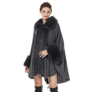 4791 Women Faux Fur Poncho Coat Oversize Cloak Open Front Knit Ruana Full
